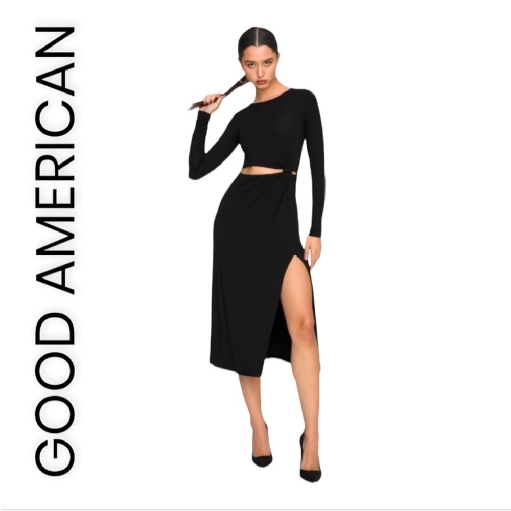Good American Black Gathered Waist Cut Out Midi Dress Sz 3